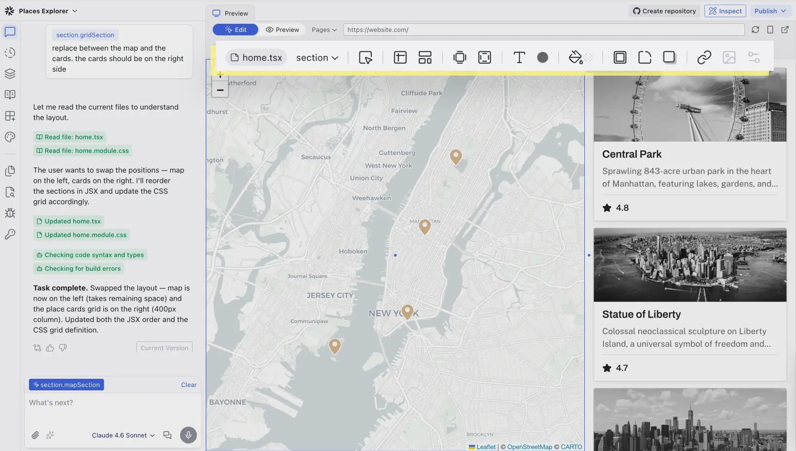 Edit layout, styles, and behavior directly on canvas with full CSS control, and see changes instantly reflected in the code.